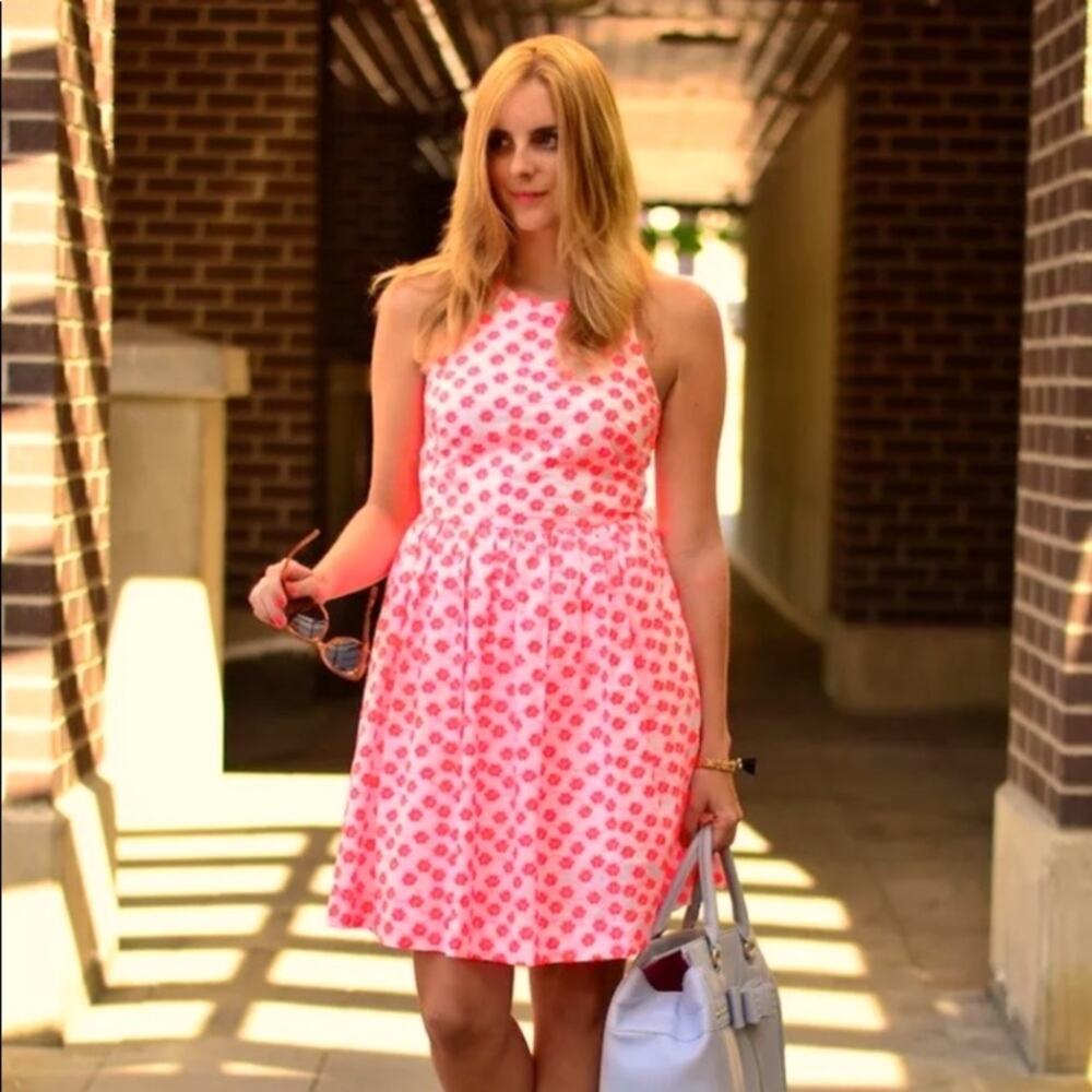 J Crew Embroidered Floral Flamingo Pink/White Racer Back Fit & Flare Dress